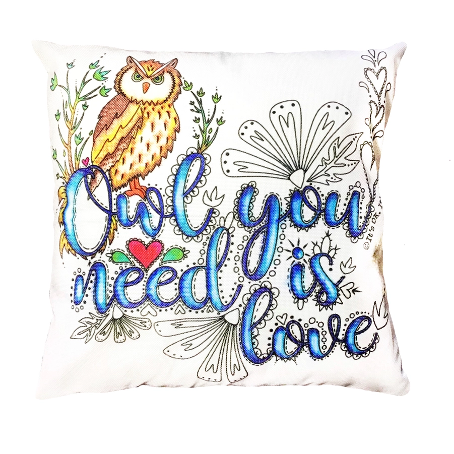 f78ccaf02e45125345bf7a27bbb379fff3d1de978e3c81bea60087f9933b32c5 Owl You Need Is Love - Bird - DIY Pillow Coloring Kit